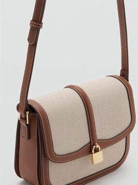Mango Beige Canvas and Brown Trim Crossbody Bag